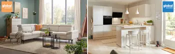 Moderne Wohncollage: links gemütliches Wohnzimmer mit Ecksofa und grüner Wand von Global Wohnen, rechts helle Küche mit Kochinsel von Global Küchen.  